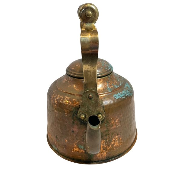 Antique Hand-Hammered Copper & Brass Kettle With Wooden Handle - Picture 2 of 11